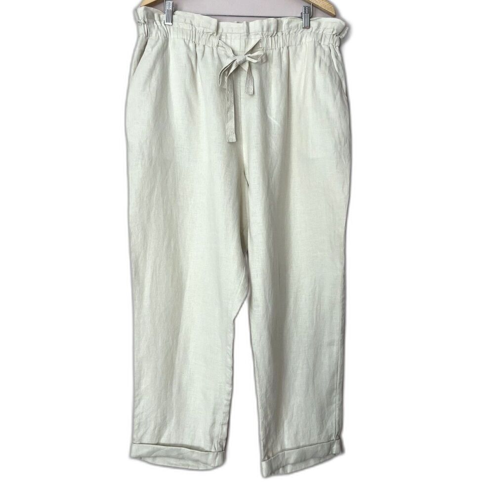 Donna Karan Linen Paper Bag Pant XL NWT Belted Cuffed Beige Neutral Quiet Luxury